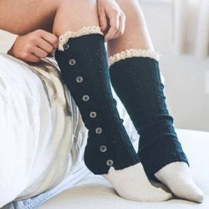 Button Up Sweater Leg Warmers with Crochet Black